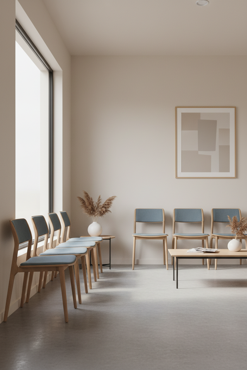 Ein minimalistischer Wartebereich mit hellen Holzstühlen, blauen Sitzpolstern und einem niedrigen Couchtisch vor einer beigen Wand.